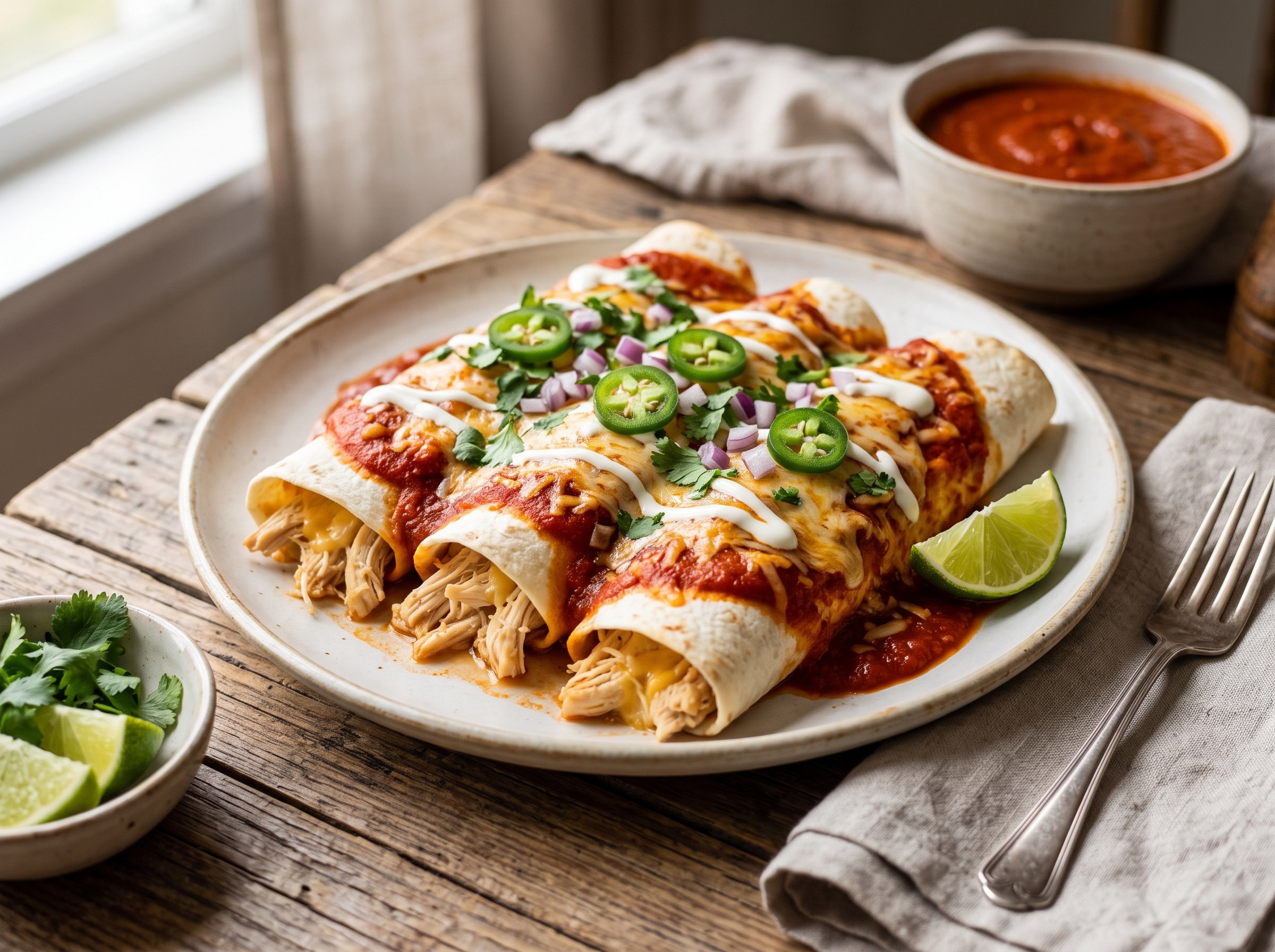 Chicken enchiladas with roasted tomato sauce
