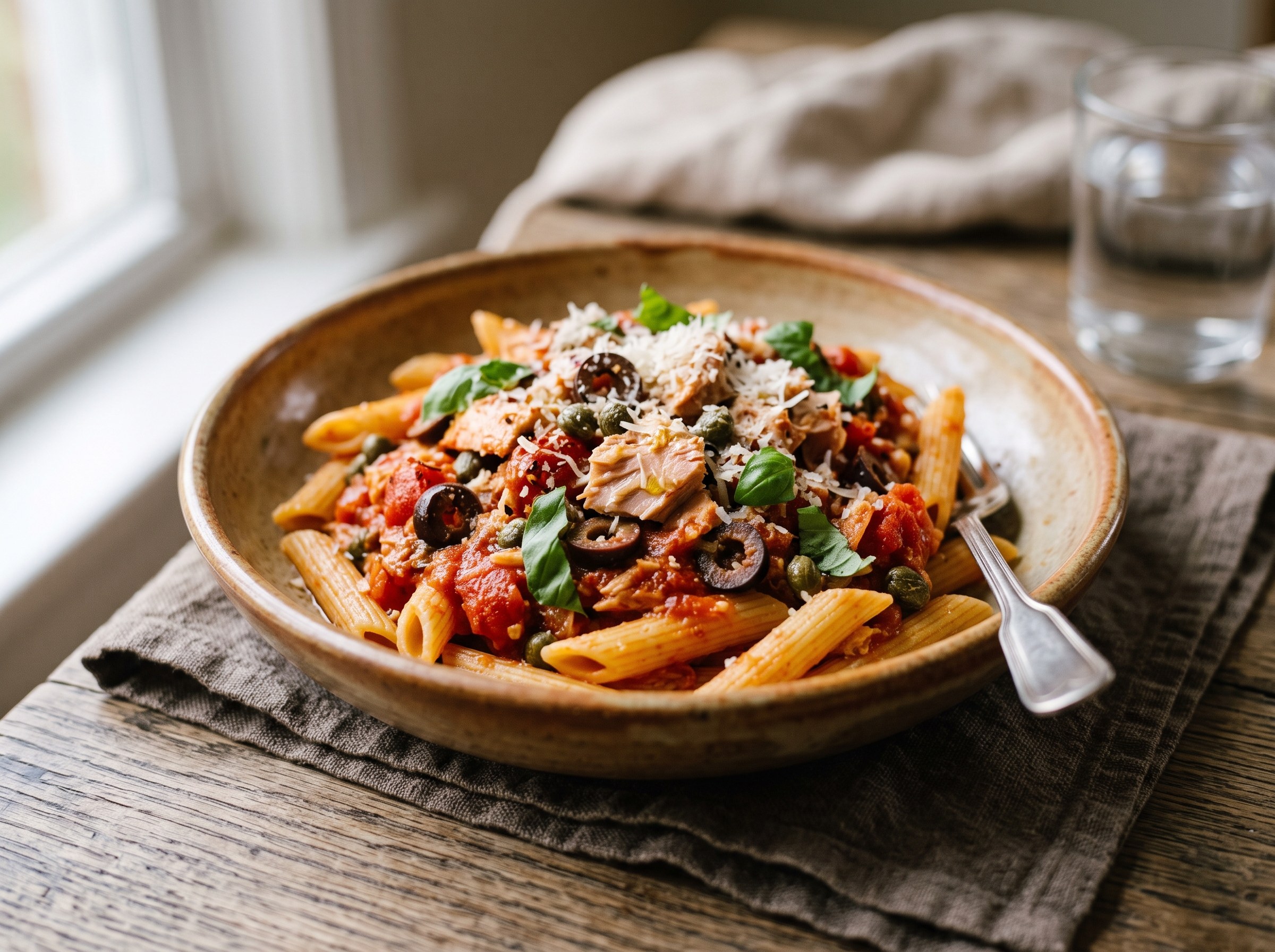 Pasta with tuna, caper and olive tomato sauce