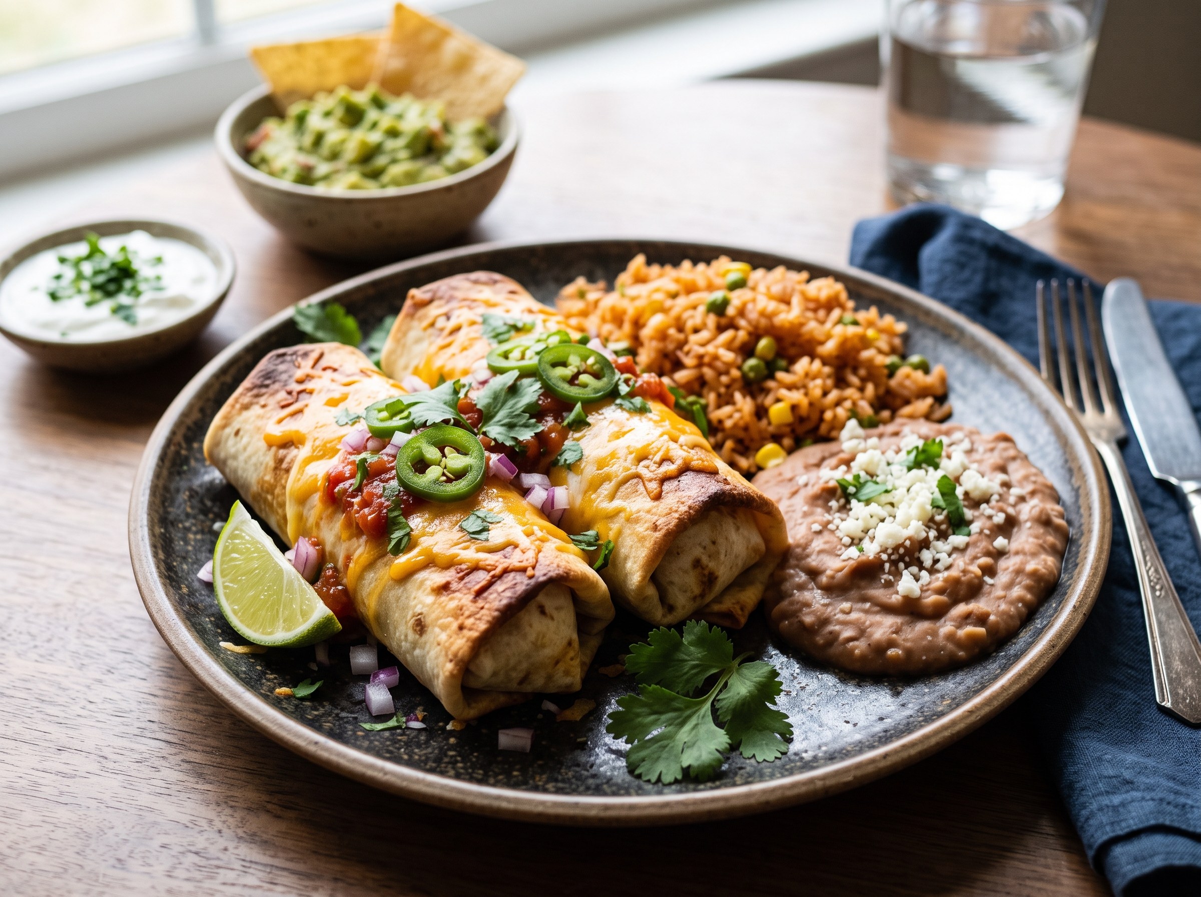 Baked beef chimichangas with refried beans