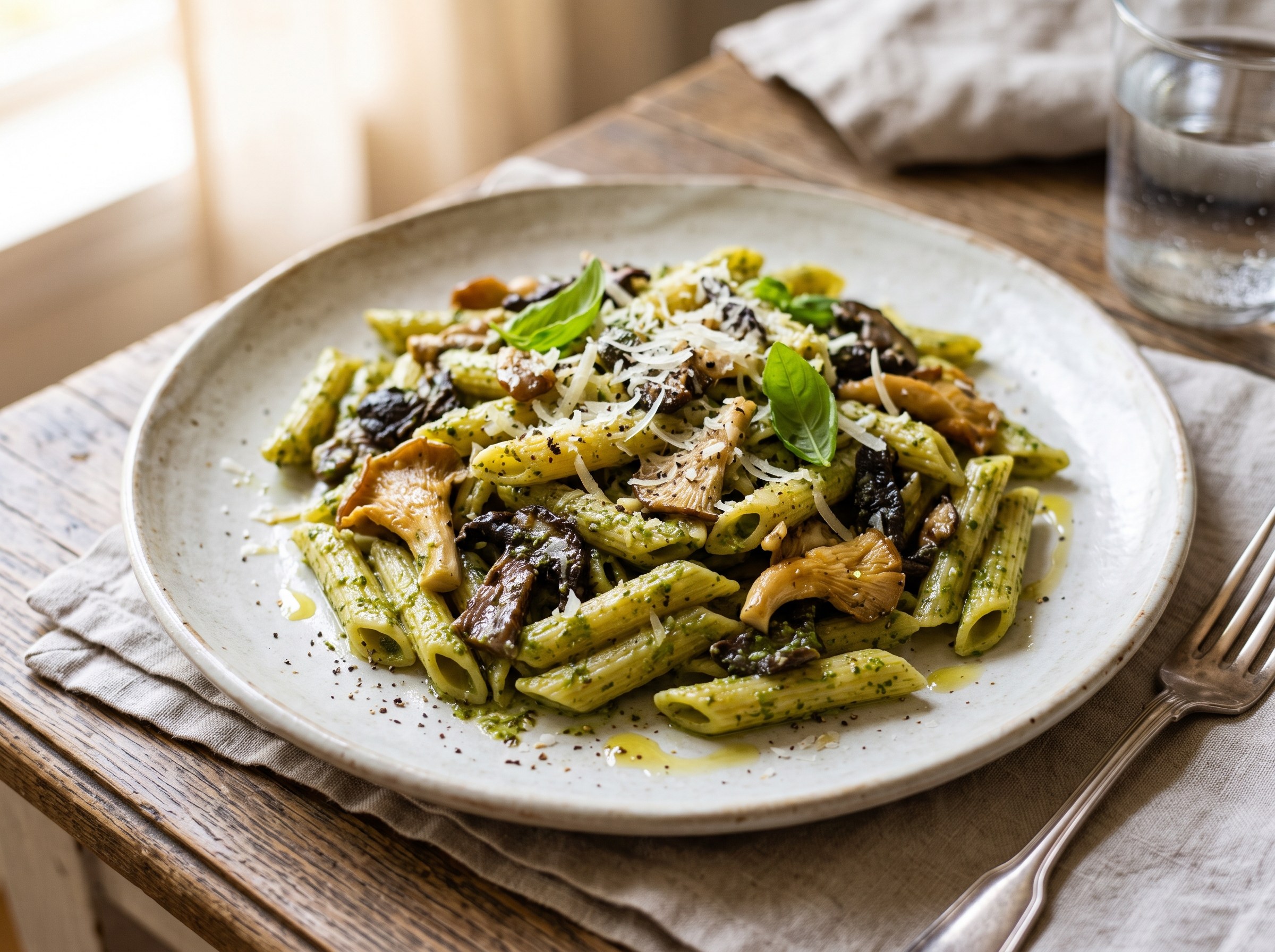 Pasta with mushrooms in pesto sauce