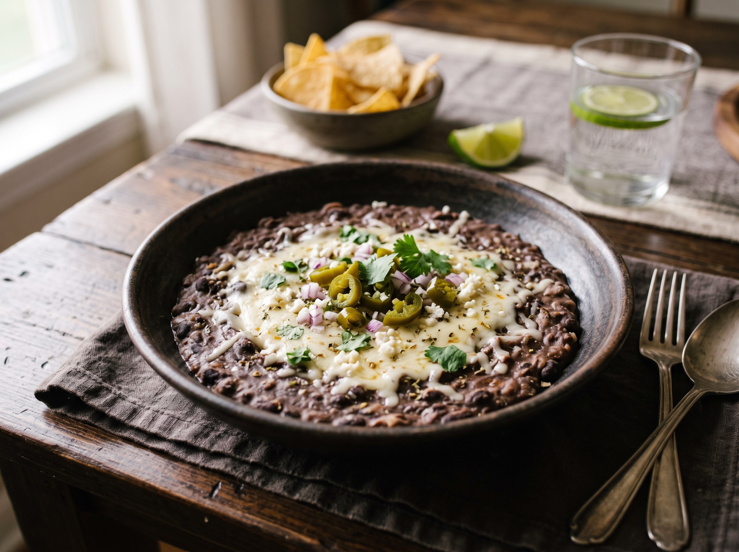 Refried black beans with jalapeno