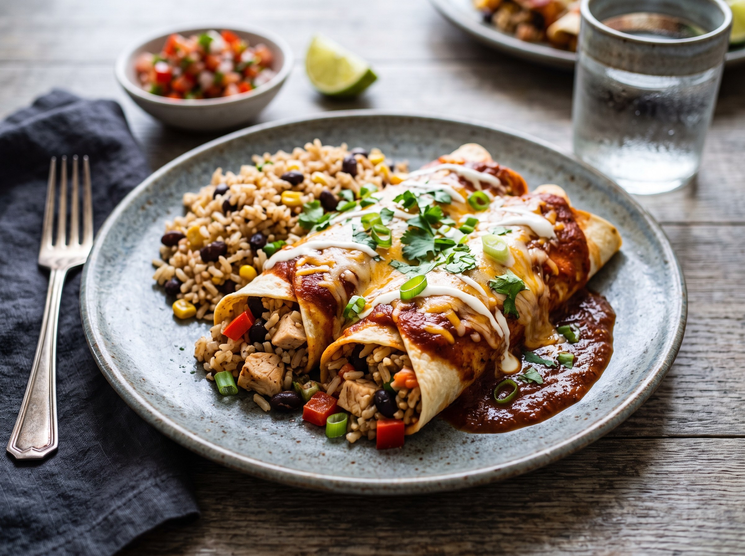 Chicken enchiladas with rice and beans