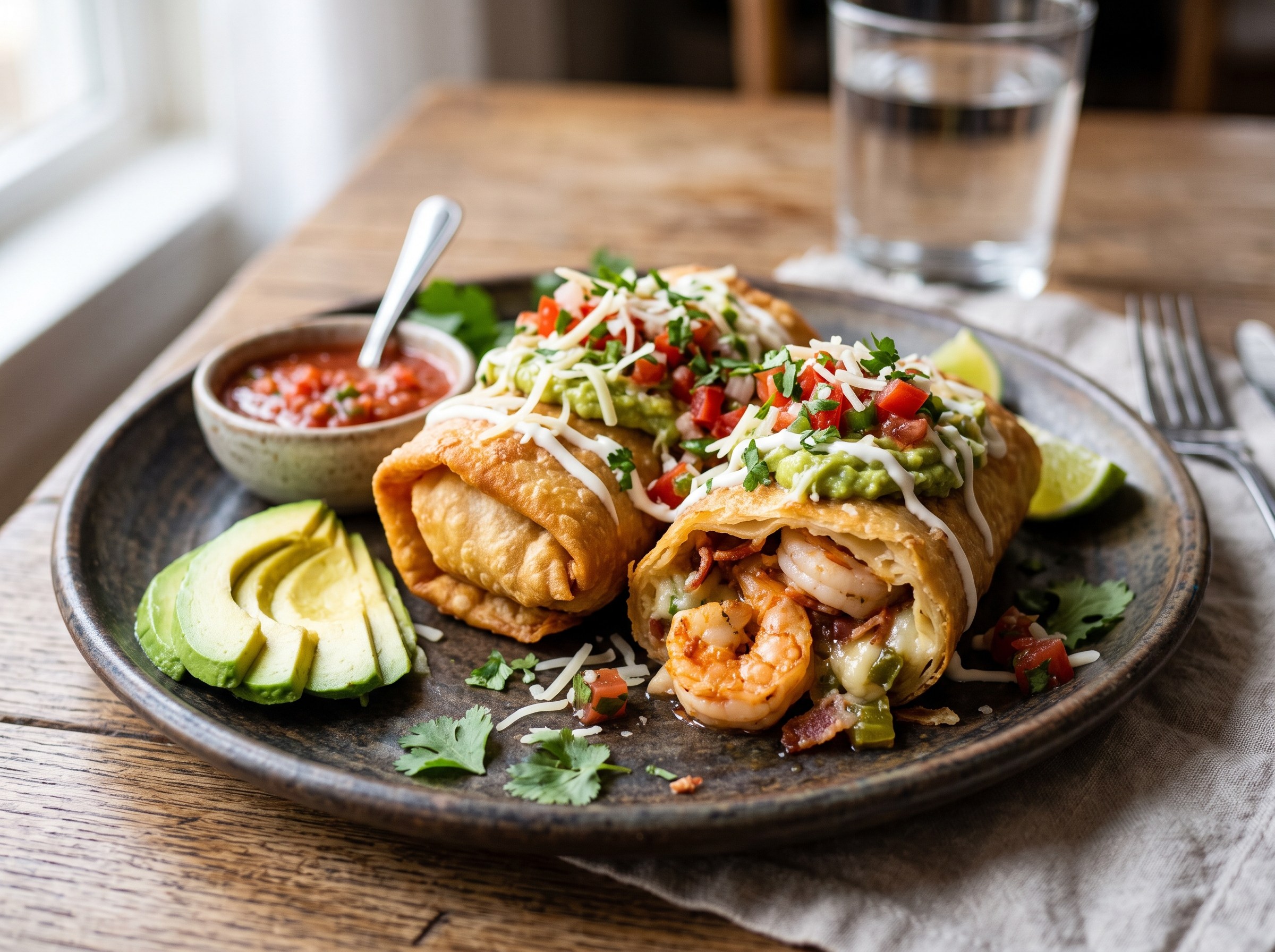 Shrimp and bacon chimichangas