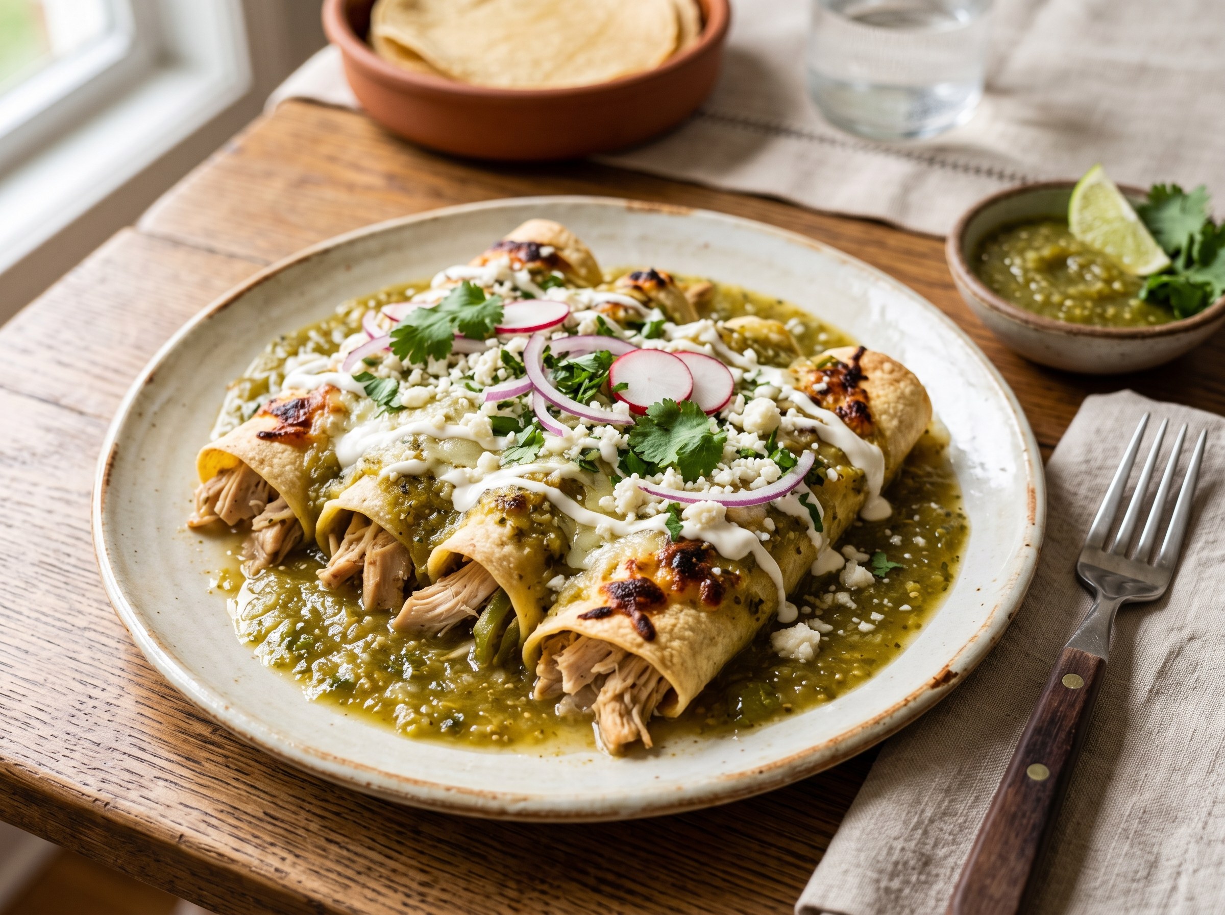 Chicken enchiladas in roasted tomatillo sauce
