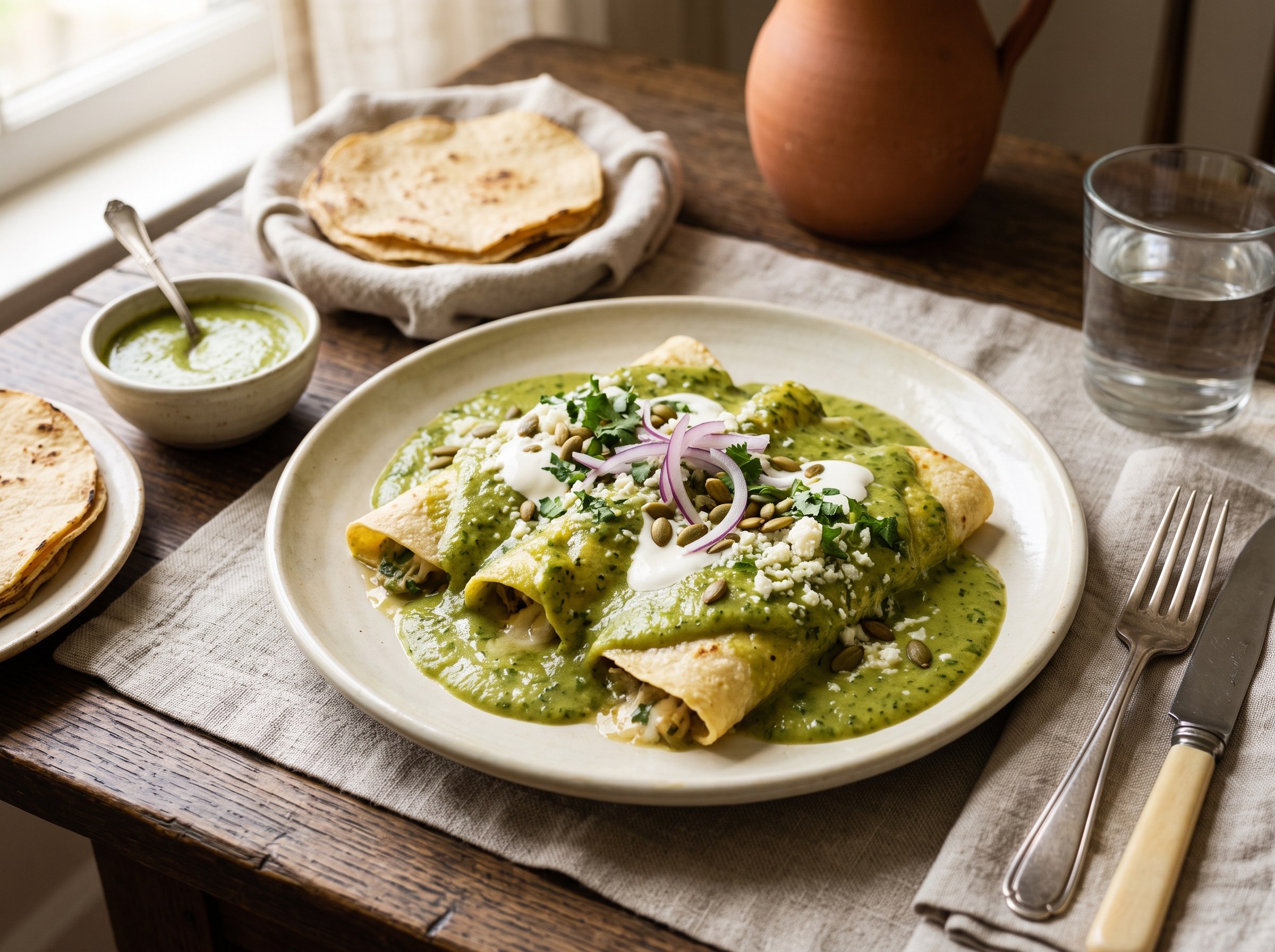 Enchiladas in poblano chile sauce