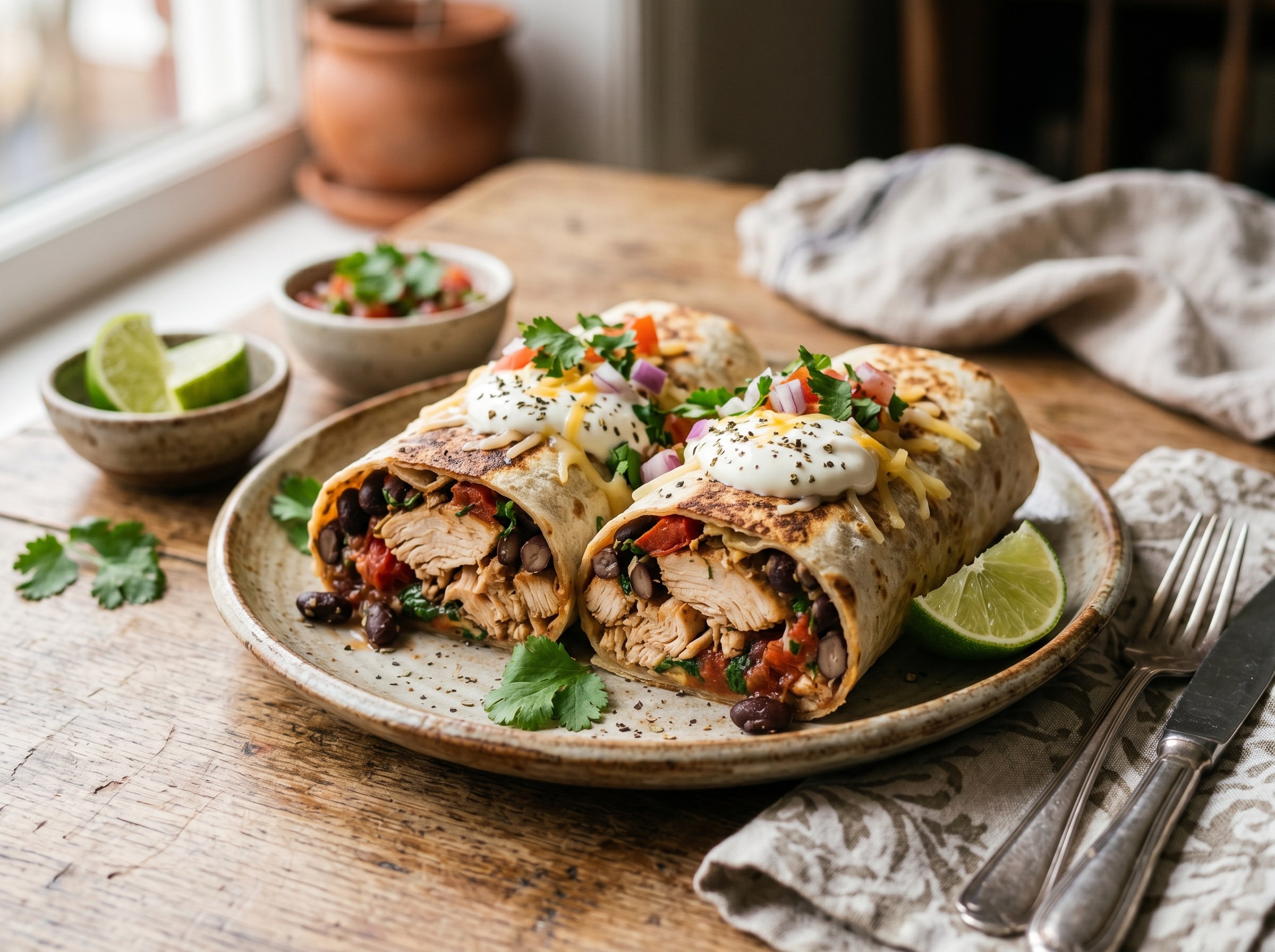 Chicken and bean burritos