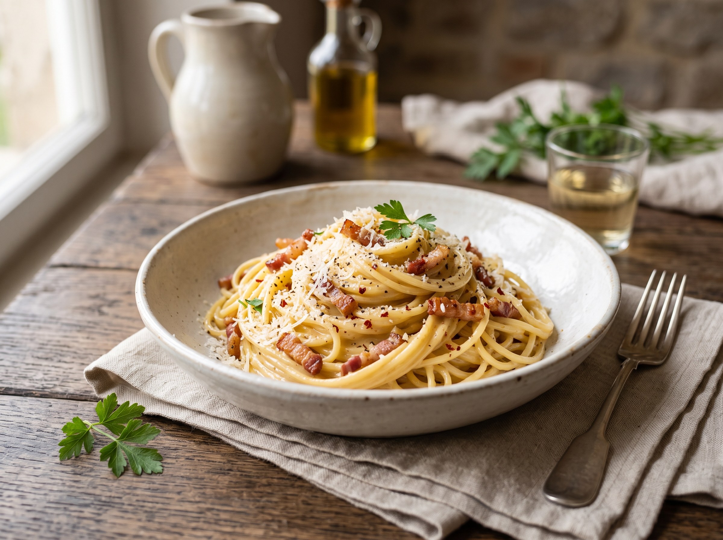Spaghetti carbonara (with butter and cream)