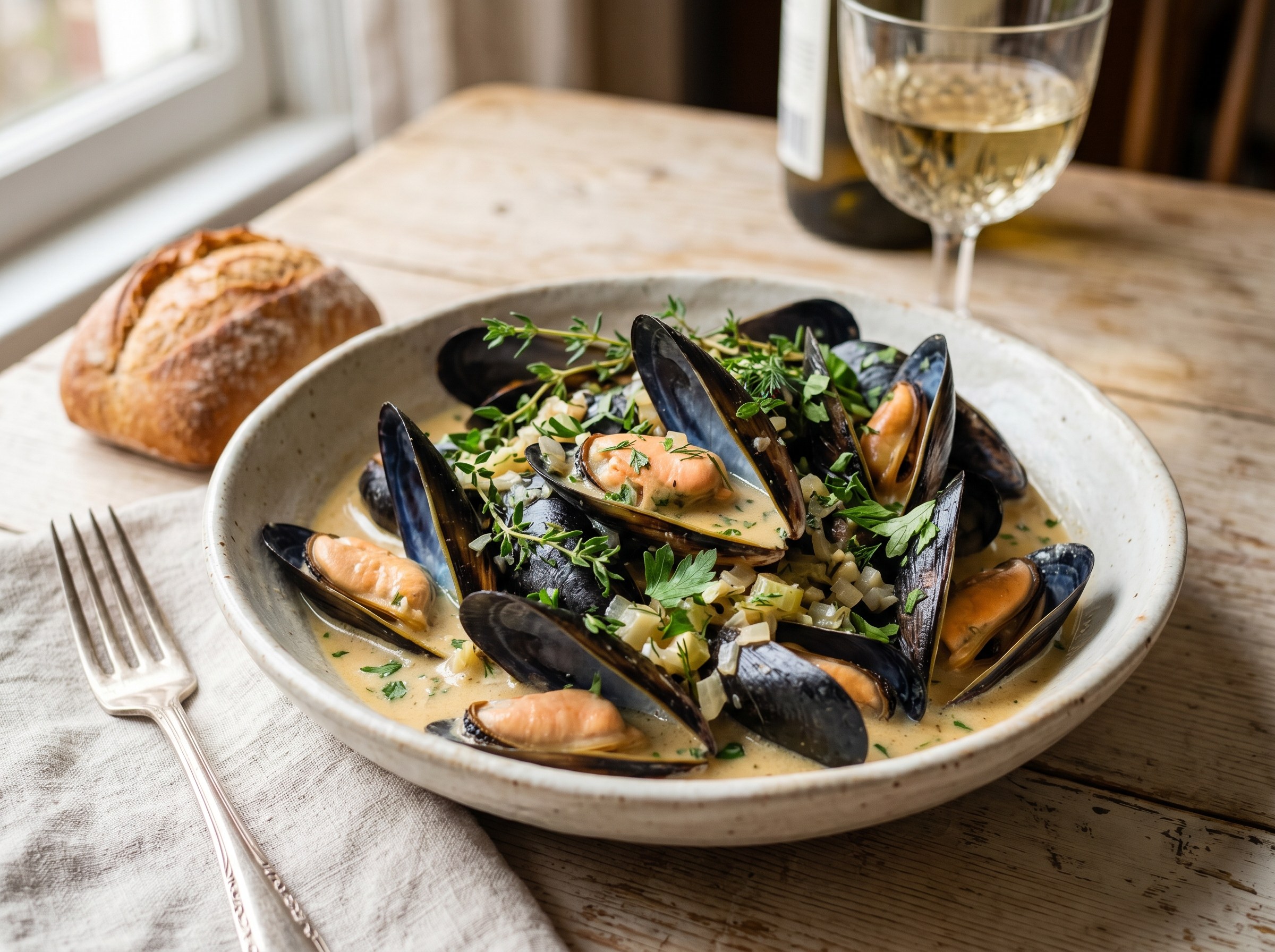 Easy steamed mussels with cream and herbs