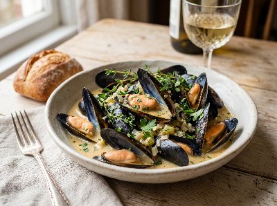 Easy steamed mussels with cream and herbs