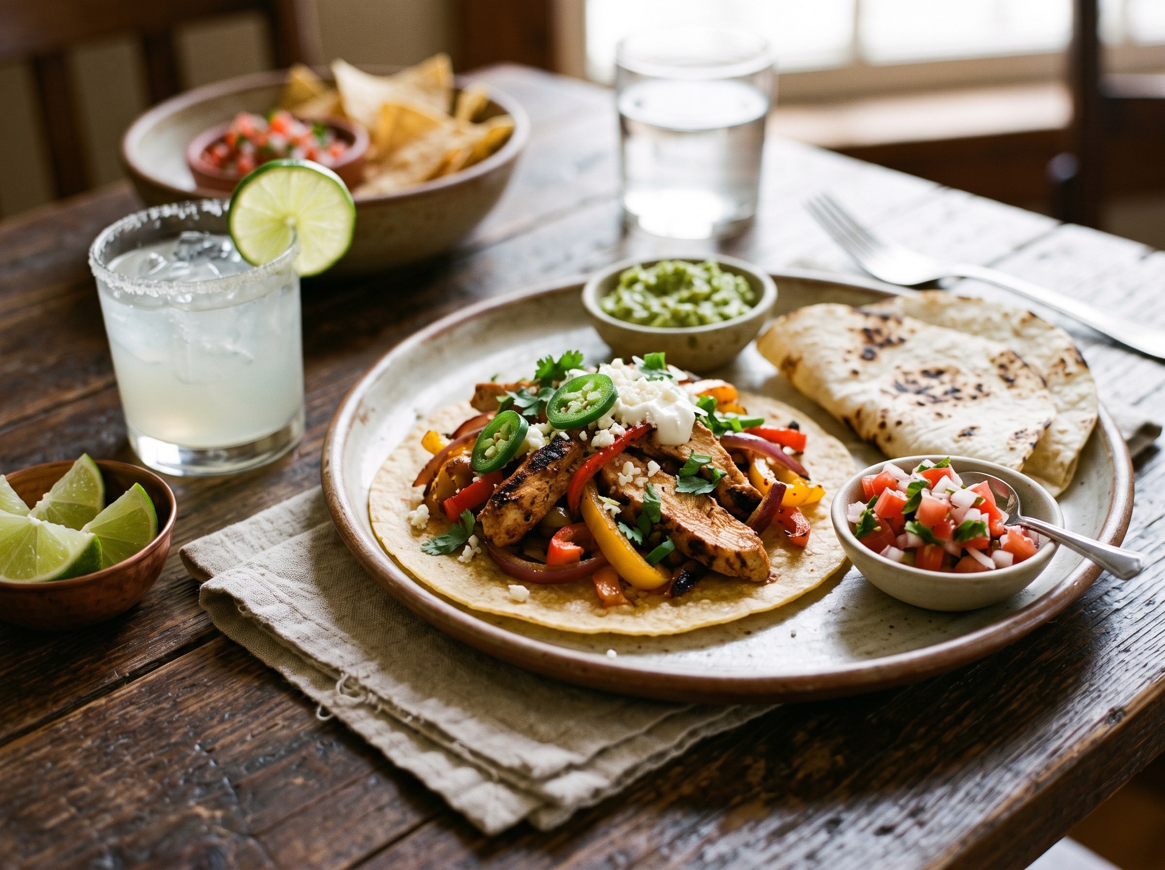 Chicken fajitas (chicken fahitas) with lime and tequila
