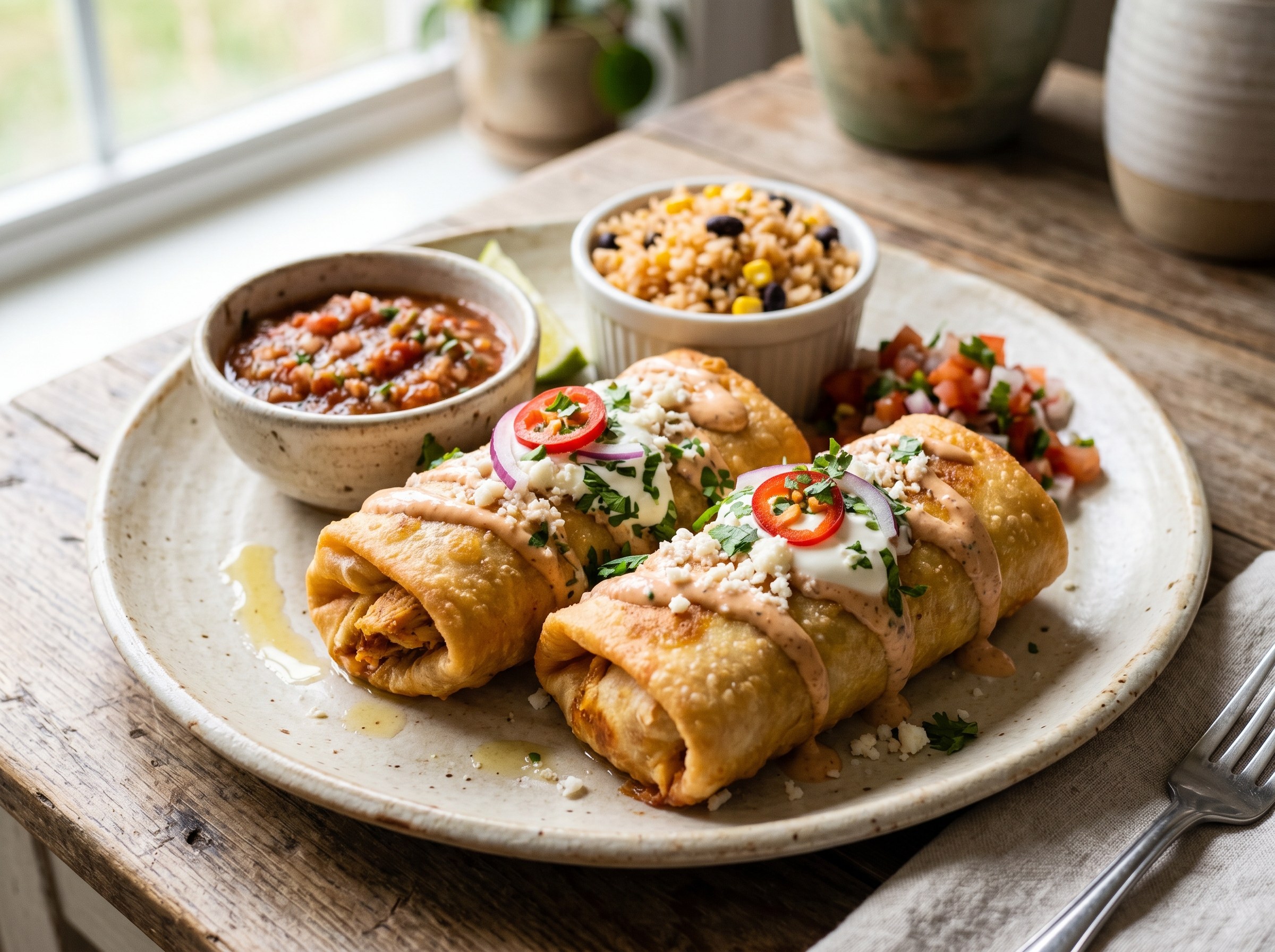 Chicken chimichangas with chipotle salsa