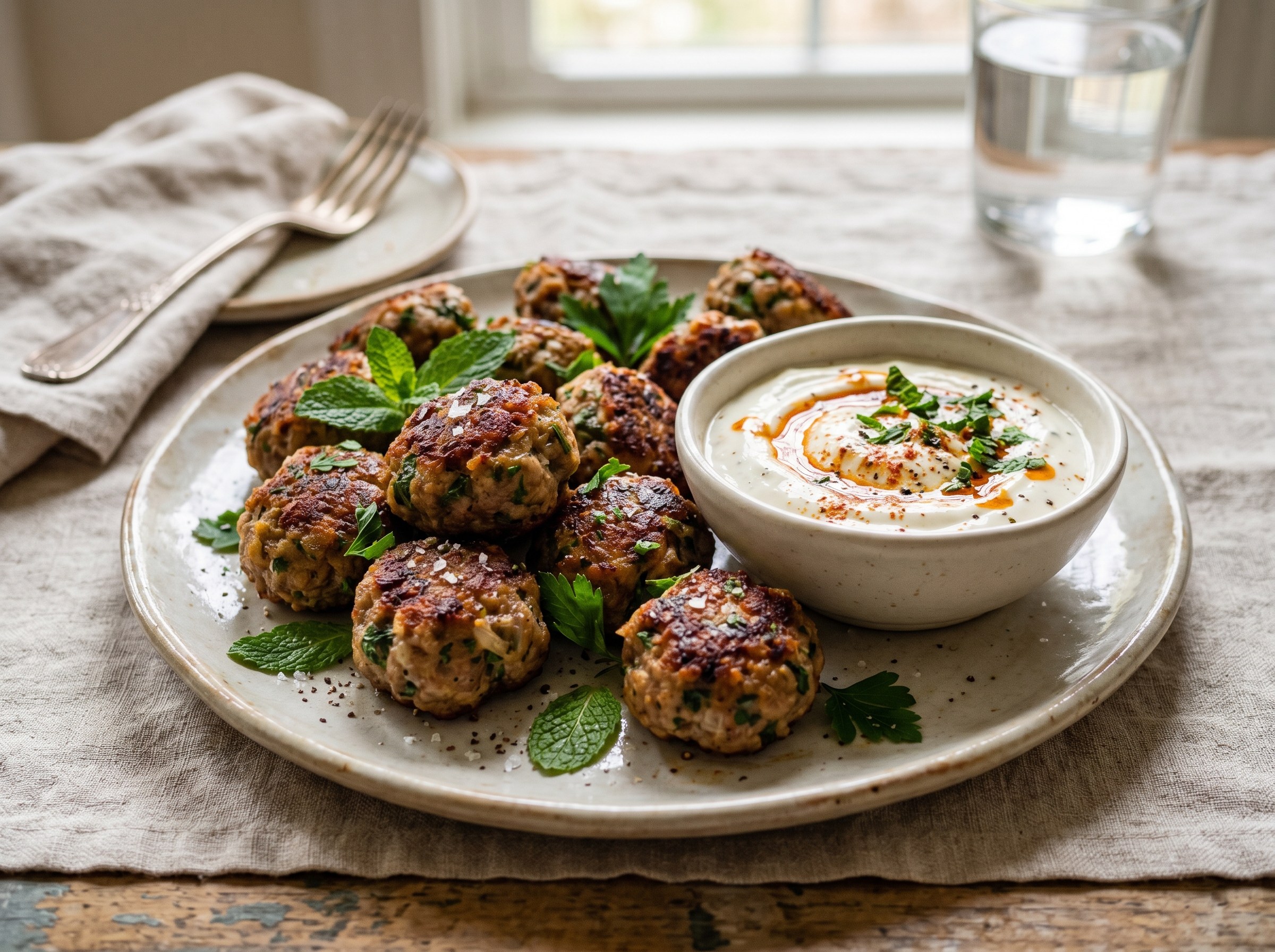 Meatballs with spicy yogurt dipping sauce