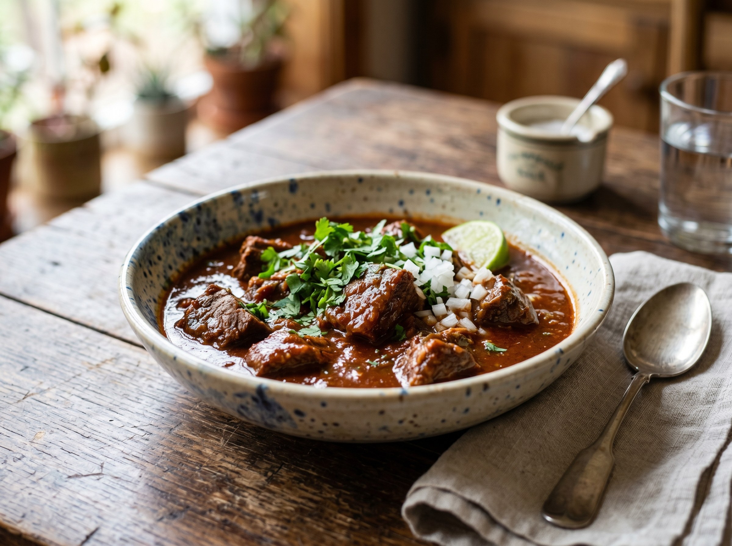 El Charro chile con carne (El Charro red chili beef stew)