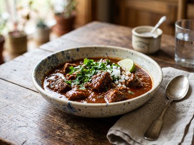 El Charro chile con carne (El Charro red chili beef stew)