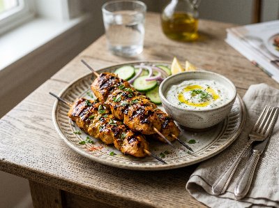 Marinated grilled chicken with spiced yogurt dip