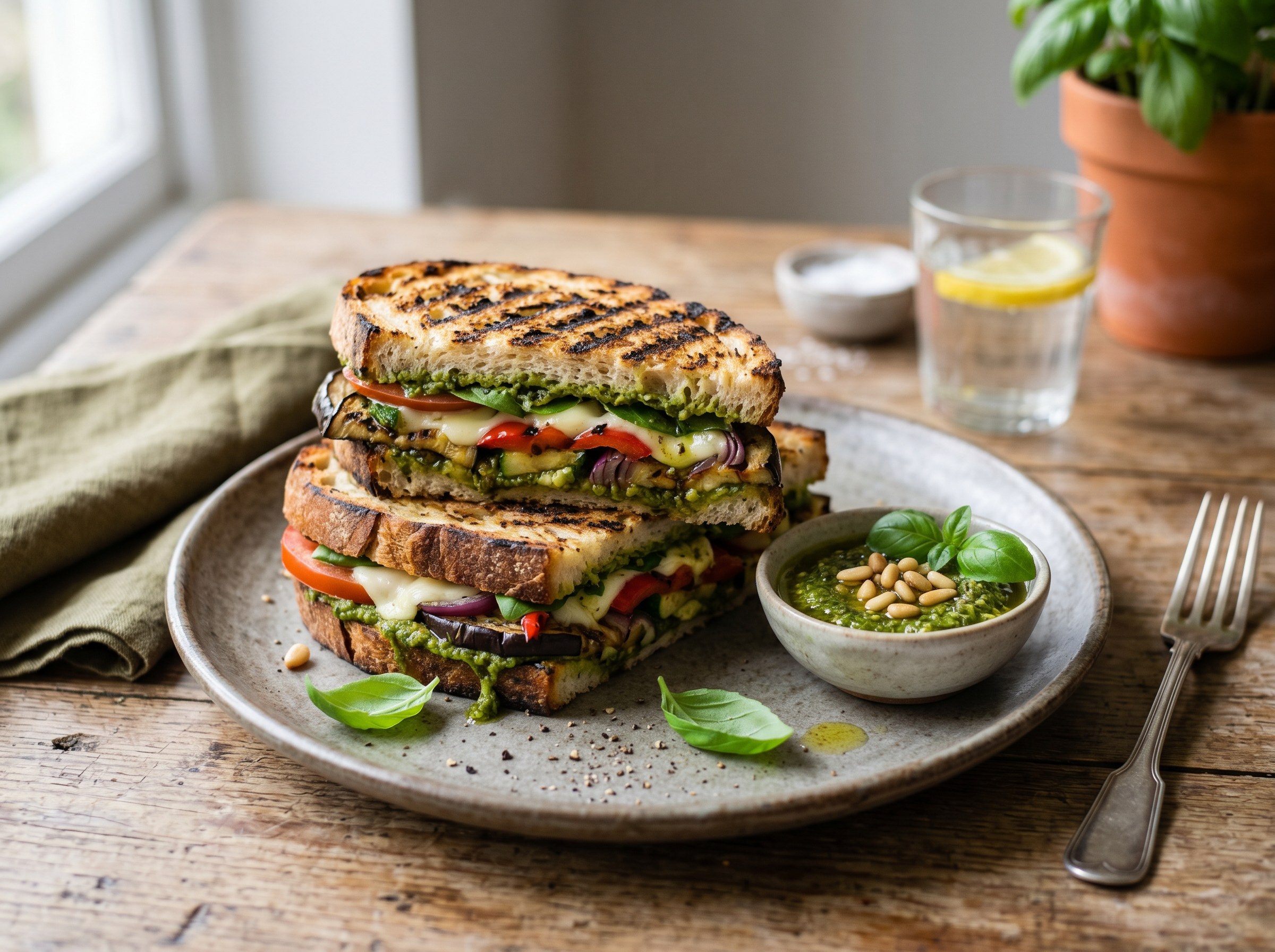 Grilled zucchini and eggplant panini with basil pesto