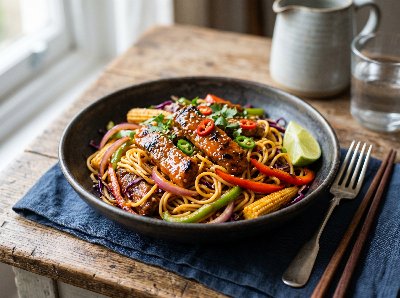 Hot and sweet Peri Peri beef strips with noodles