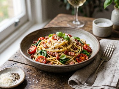 Bacon, cherry tomato and baby spinach pasta