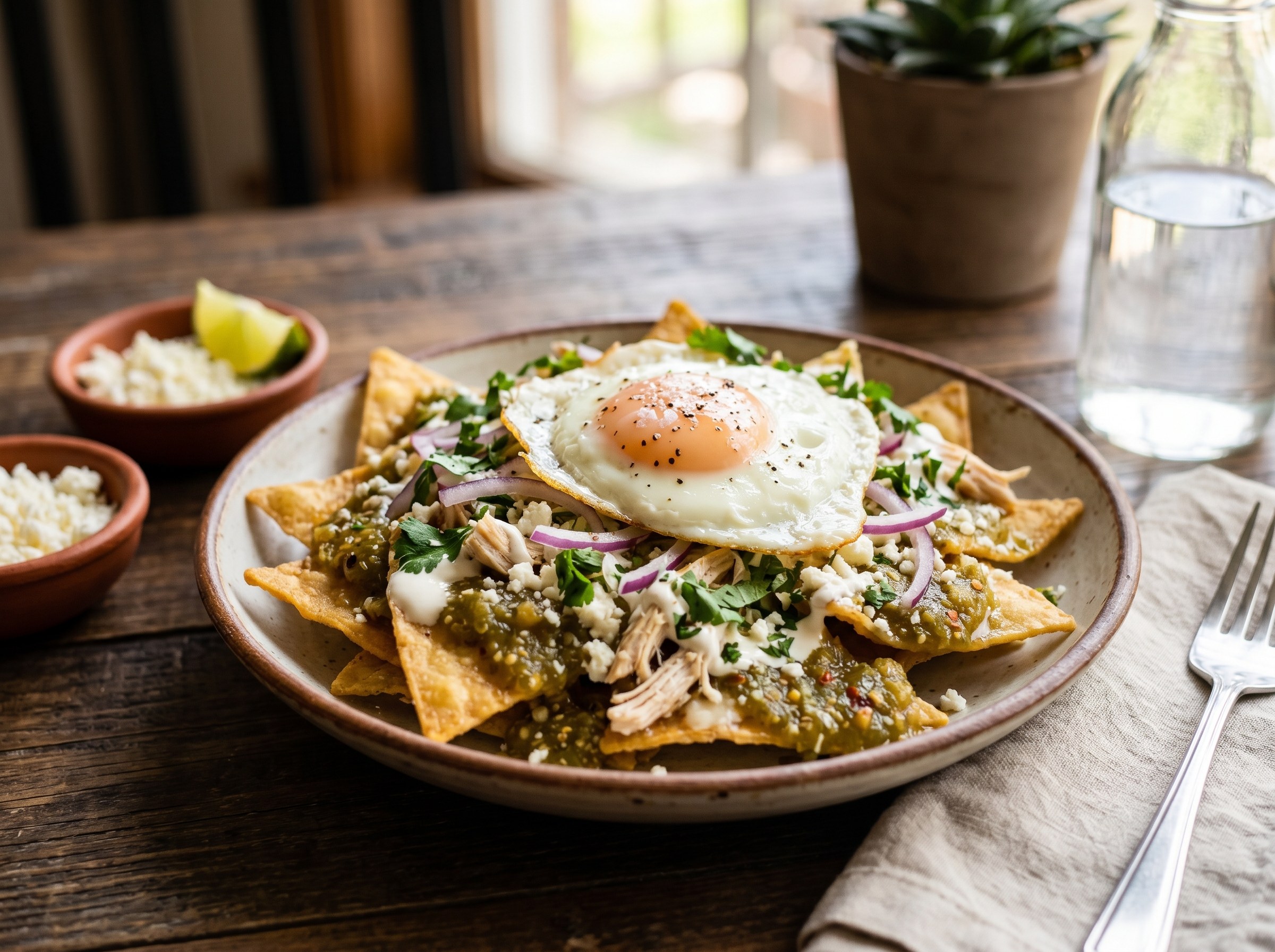 Chilaquiles with tomatillo and ancho chilli salsa