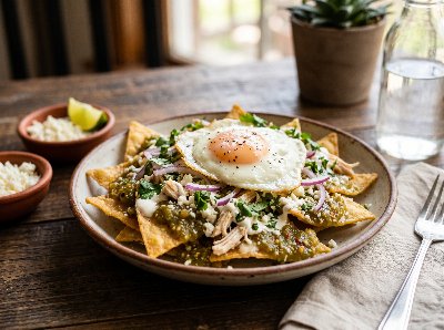 Chilaquiles with tomatillo and ancho chilli salsa