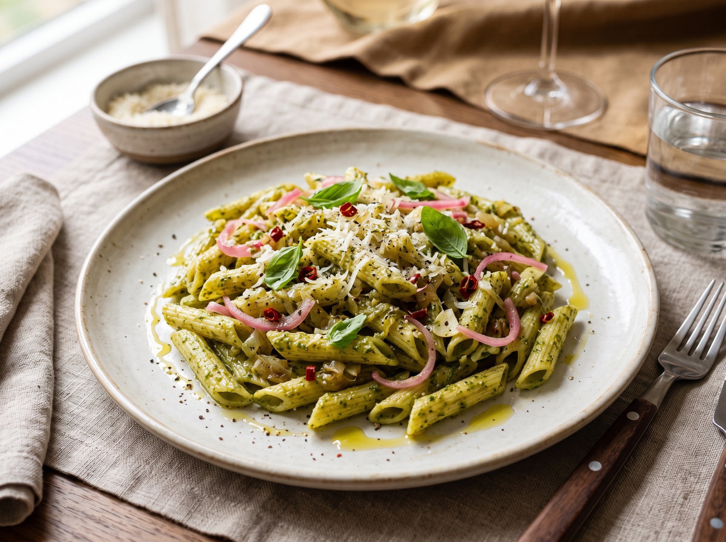 Penne with sweet onions and pesto sauce