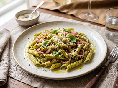 Penne with sweet onions and pesto sauce